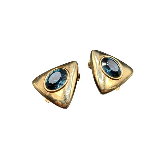 Navy Blue & Gold Tone Clip On Earrings Triangle Shaped Blue Glass Stones Signed - Picture 1 of 4